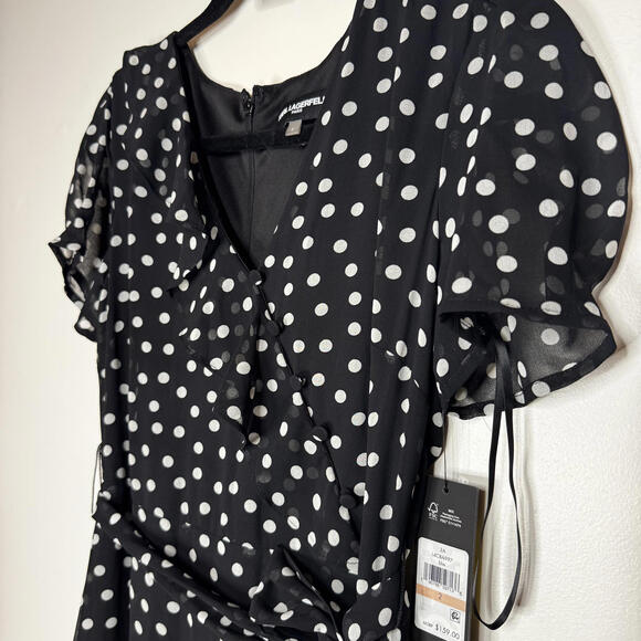 #105 KARL LAGERFELD Black and White Polka Dot Casual Dress - Picture 3 of 7
